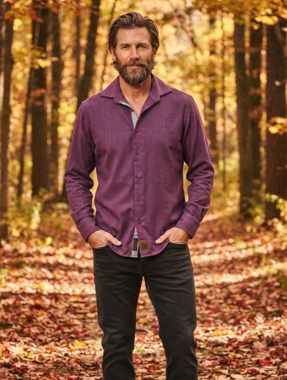 Hammer Made Purple Herringbone Italian Fabric Long Sleeve Button-Down Shirt